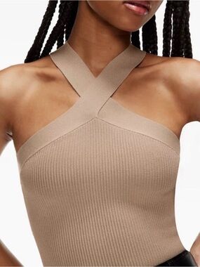 Aritzia Babaton Cross-Neck Halter Tank Top — Taupe